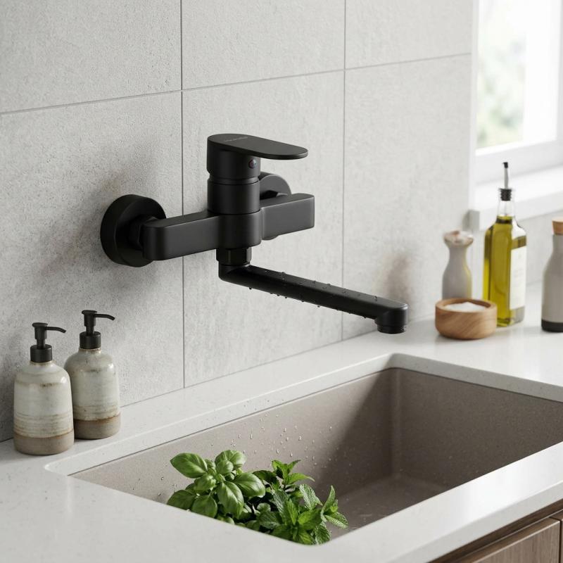 Aquanello Casa Eenhendel Keuken Muurkraan Zwart met uitloop 15 cm BL-1415-CS